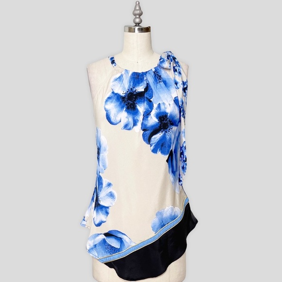 New York & Co. Floral Tie Neck Sleeveless Tank Top Tan Blue Blouse - Picture 11 of 11